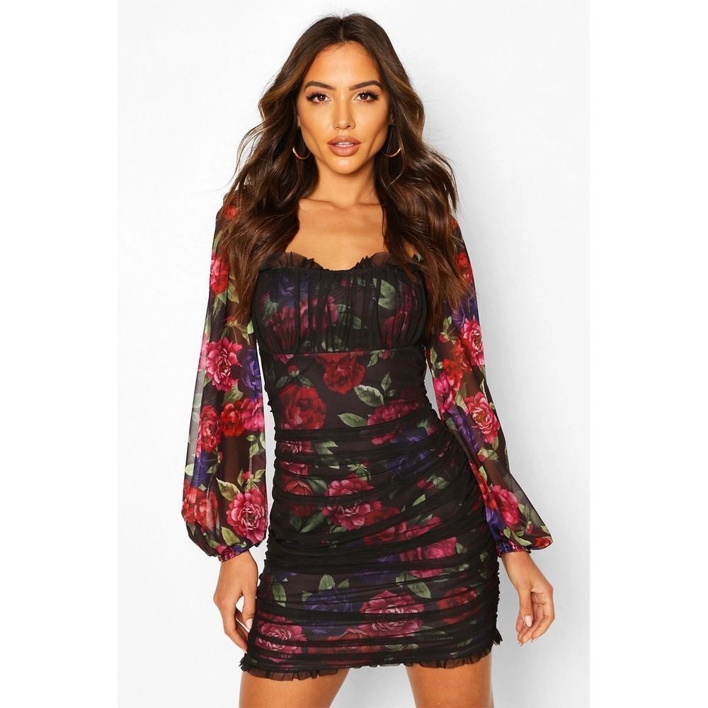 Boohoo Square Neck Puff Sleeve Ruched Mini Floral Dress. Sz 8